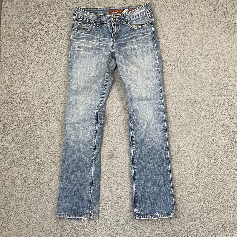 Y2K Mudd Flap Jeans Juniors 9 Blue Light Wash Straight Distressed Denim